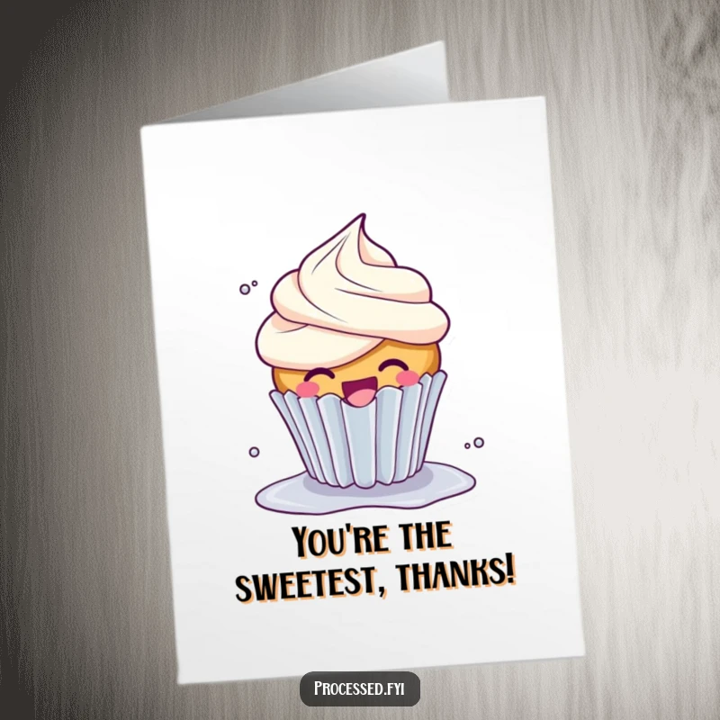 Funny Free Printable Thank You Card: A giggling cupcake with overflowing frosting spinning playfully, expressing thanks sweetly.