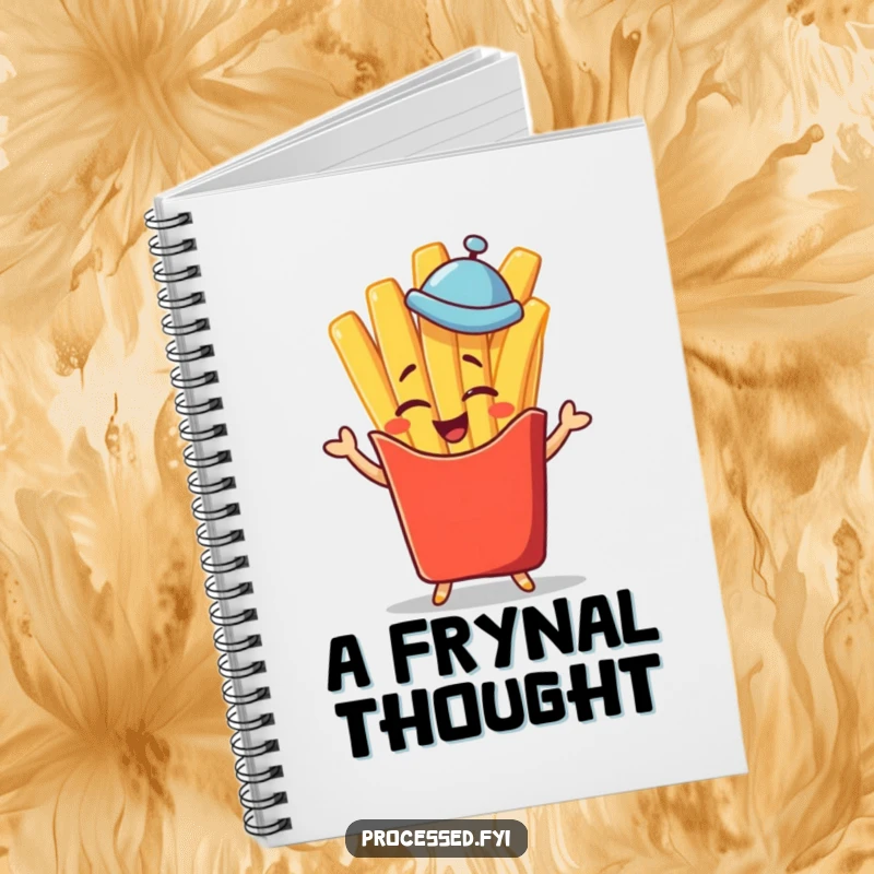 Funny winking french fry character in a tiny hat giving a jaunty salute, a lined notebook for capturing witty thoughts.