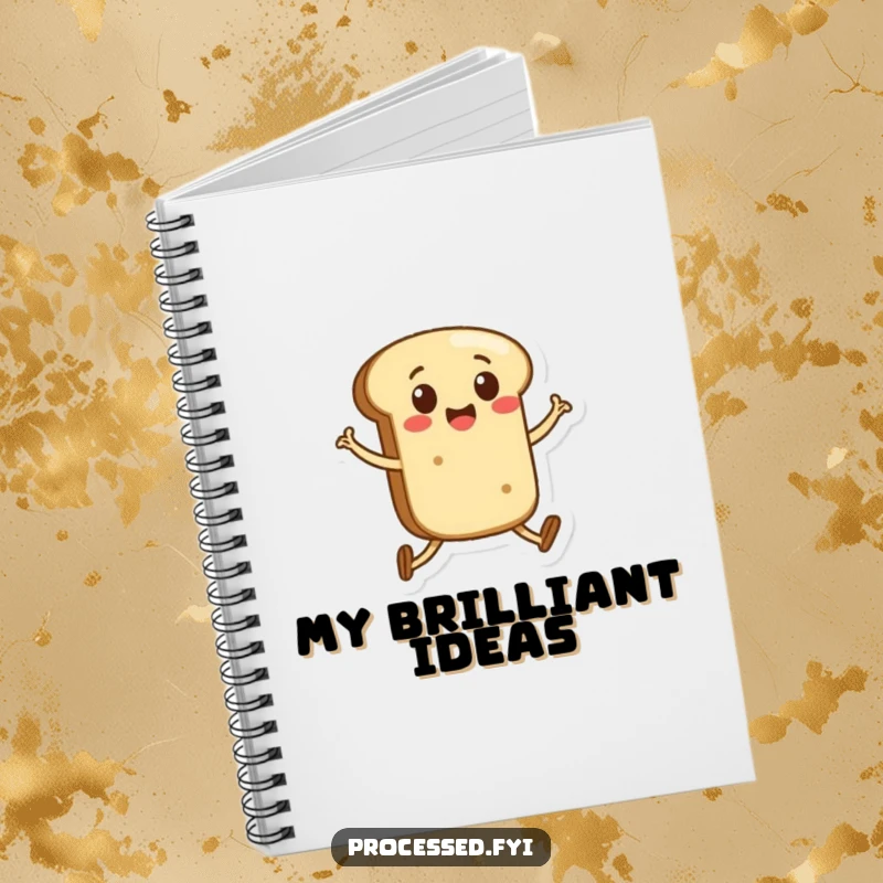 Funny notebook with a cheerful anthropomorphic bread roll with legs skipping, inspiring creativity and joy on every page.