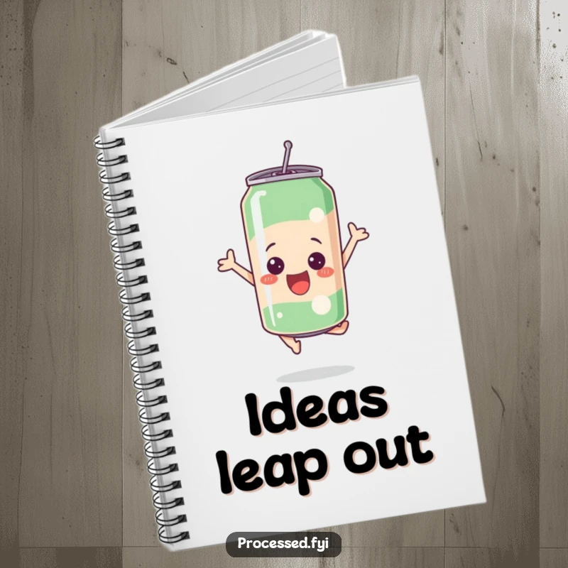 Funny bubbly soda can leaping with excitement on the cover of a functional notebook.