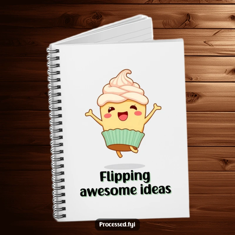 Funny notebook cover with a happy cupcake and frosting, captured mid-cartwheel with pure, infectious, sweet delight.