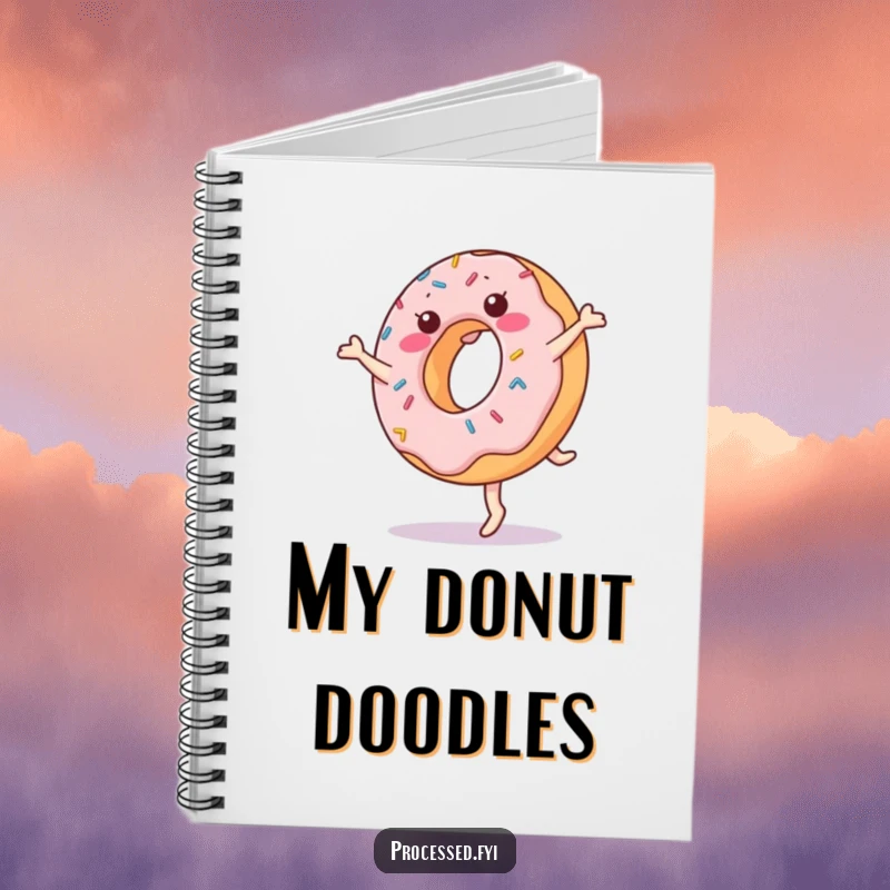 Funny donut notebook with a cheerful, anthropomorphic donut mid-cartwheel, adorned with sprinkles, inspiring fun and sweet note-taking.