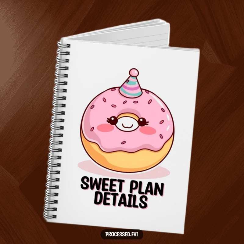 Funny Donut Notebook showcasing a blushing character with a party hat, ideal for jotting down notes with a sweet and humorous theme.