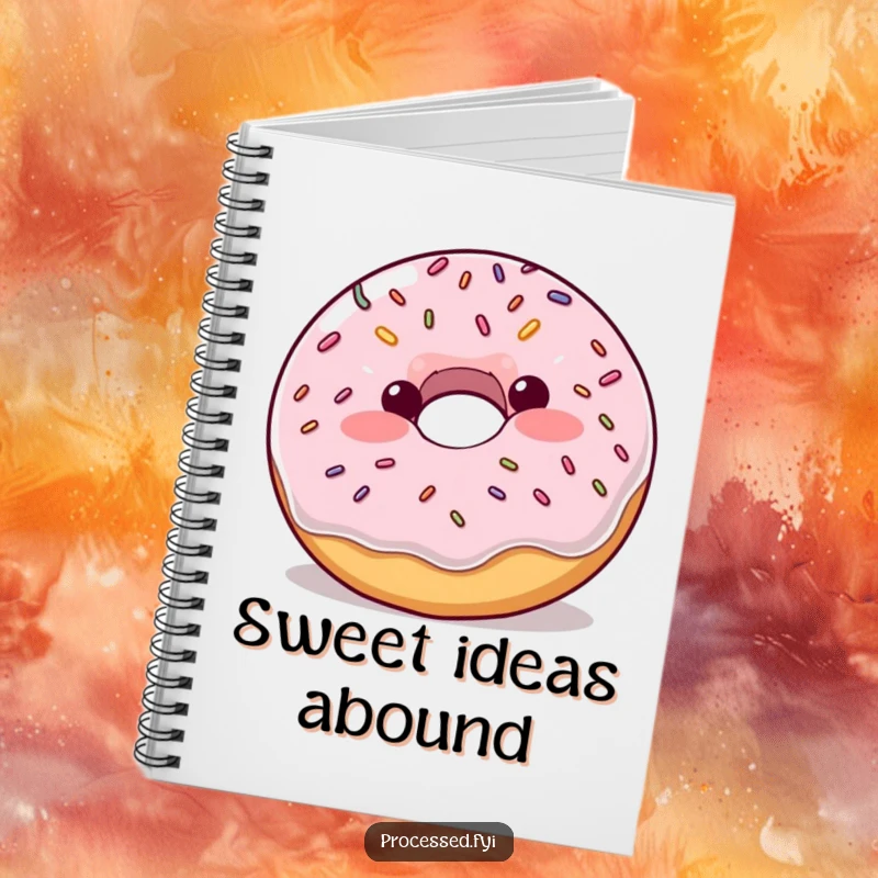 Funny plump donut with blush and sprinkles bouncing enthusiastically, a humorous and practical notebook for writing.