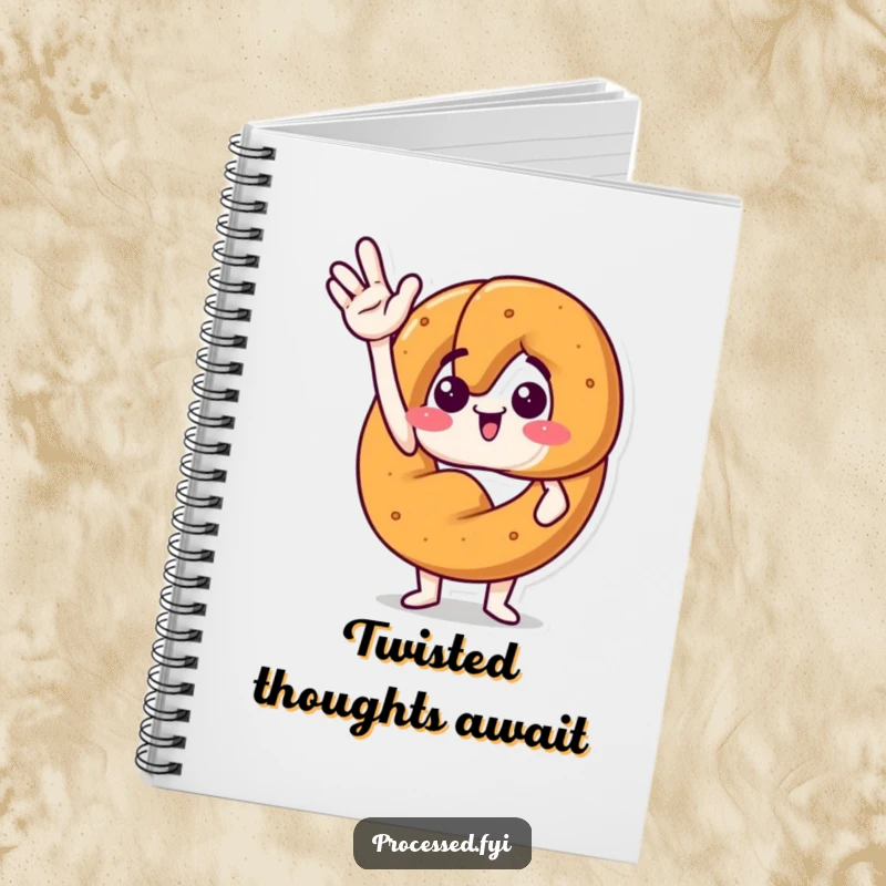 Funny notebook with a cover illustration of an anthropomorphic pretzel waving jauntily with excitement. Great for ideas.