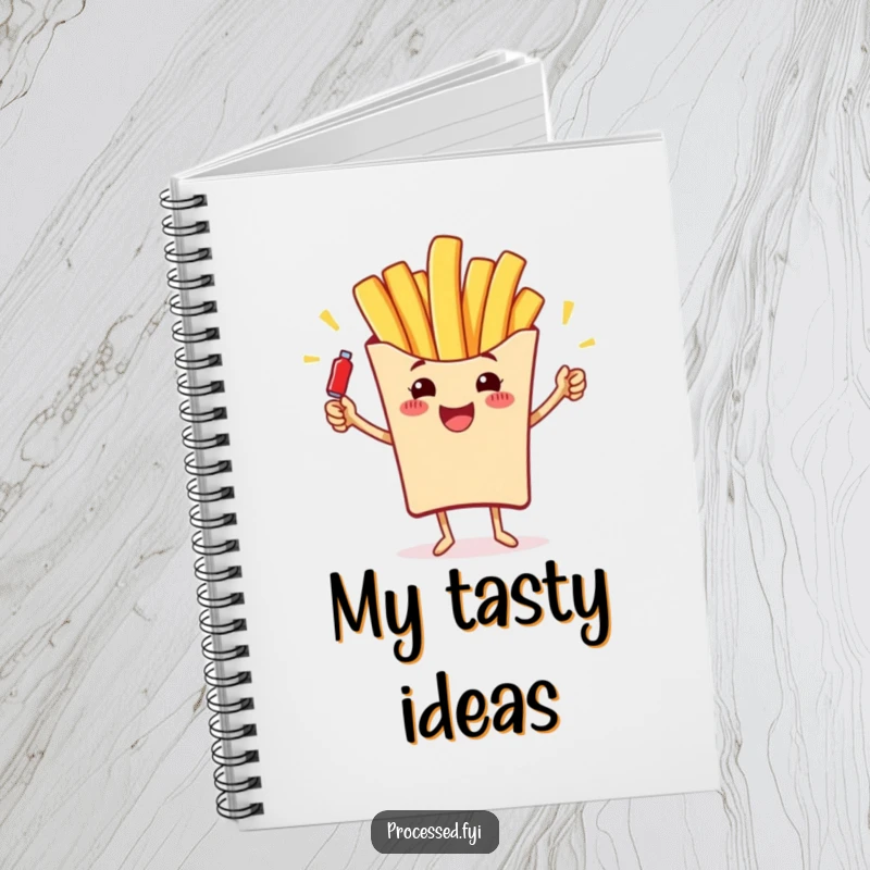 Funny notebook featuring a cheerful french fry juggling ketchup bottles, for jotting down playful thoughts and ideas.
