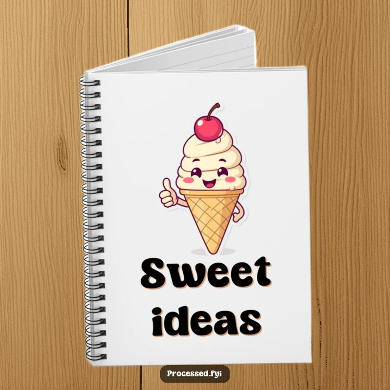 Funny notebook featuring a happy ice cream cone with a cherry, giving a thumbs-up, perfect for jotting down recipes or daily musings.
