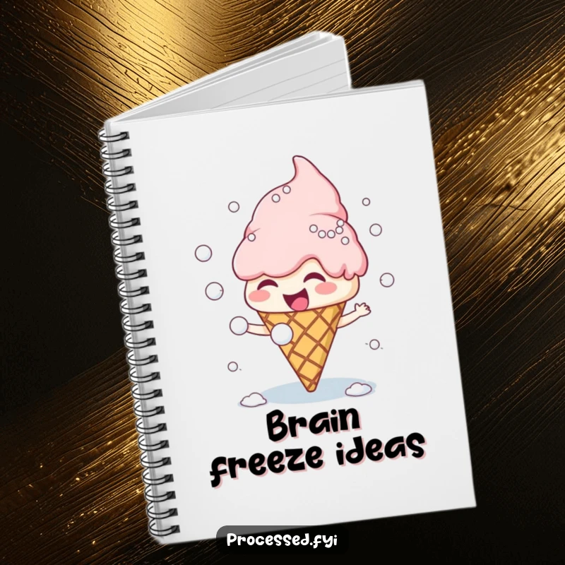 Funny ice cream cone character giggling uncontrollably while throwing snowballs at its own scoops in a creative notebook cover.
