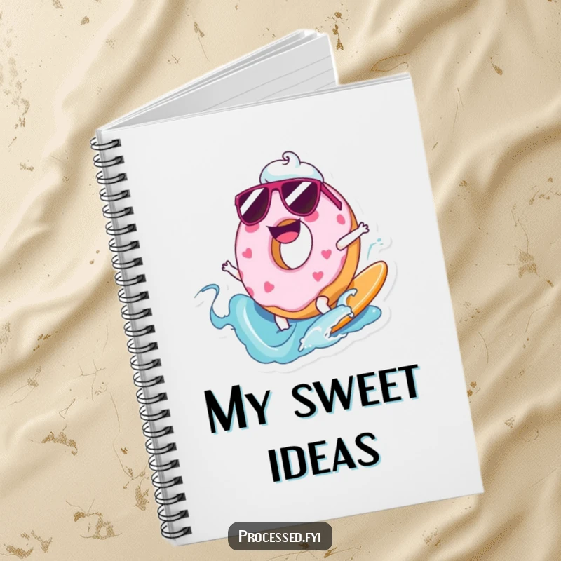 Funny notebook with a cartoon donut wearing sunglasses, surfing a frosting wave, ideal for notes.