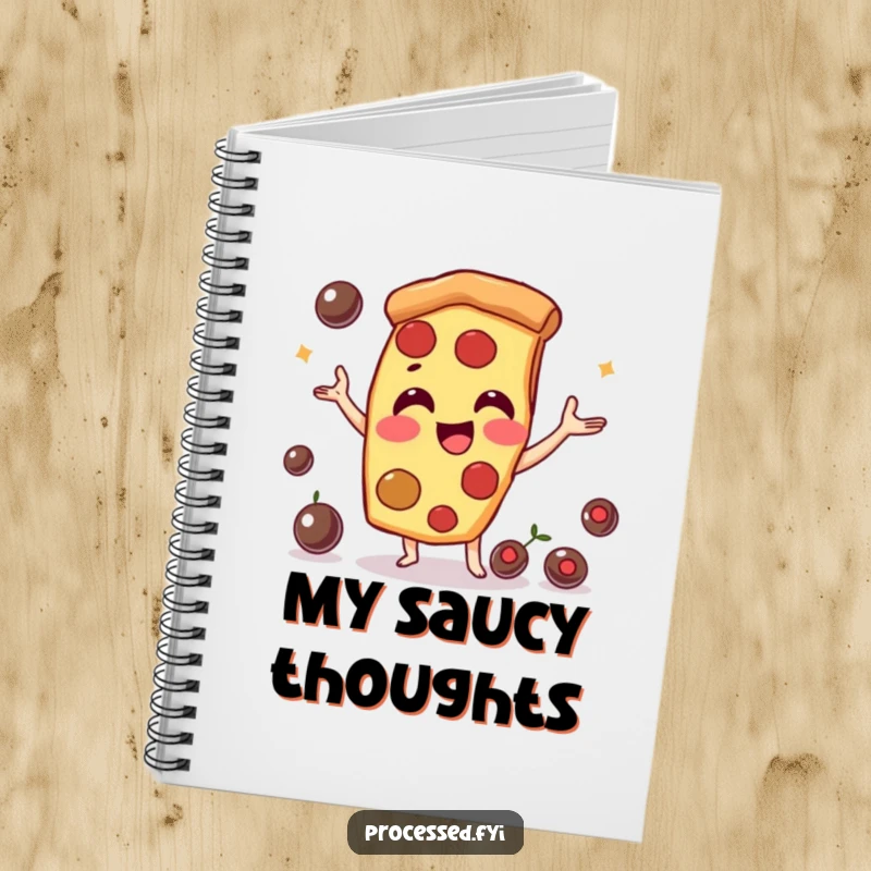 Funny pizza slice character, juggling olives with a smile. A notebook for your delicious thoughts.
