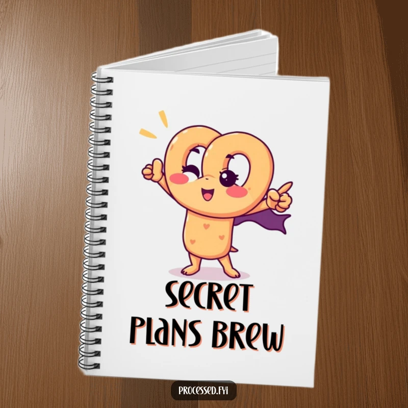 Funny pretzel superhero notebook showing a winking pretzel character in a heroic pose, ideal for jotting down heroic thoughts.