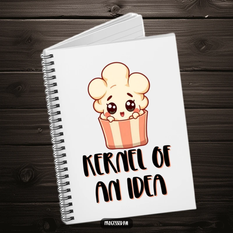 Funny popcorn kernel character popping out of a bag with wide surprised eyes, a lined notebook for capturing funny thoughts.