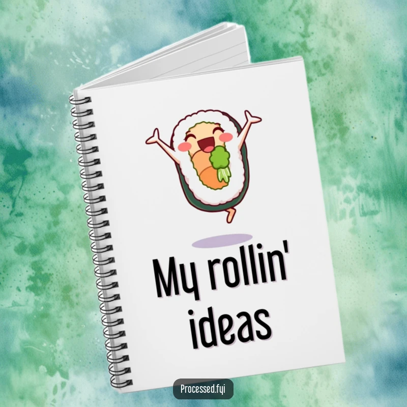 Funny notebook with a happy sushi roll character doing cartwheels, ideal for jotting down notes with a playful humorous touch.