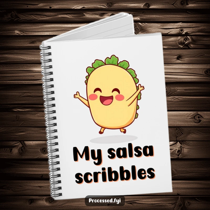 Funny anthropomorphic Taco Notebook grinning and dancing with tiny legs, perfect for jotting down notes with a touch of joyful food humor.