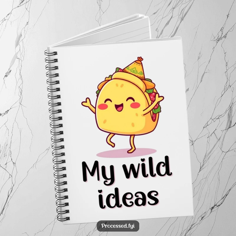 Funny notebook with a smiling taco with legs, wearing a tiny sombrero, doing a jig, perfect for writing and drawing