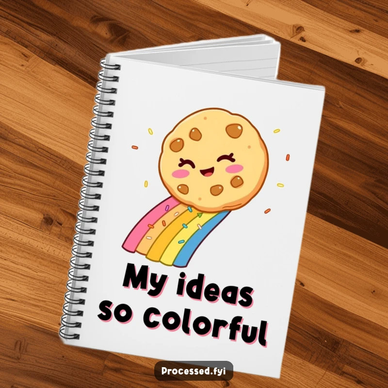 Funny winking cookie sliding down a vibrant rainbow made of sprinkles, illustrated on the cover of a functional notebook.