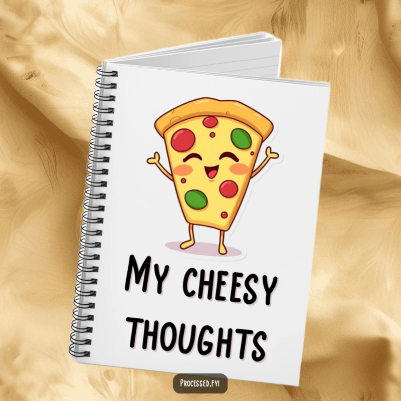 Funny winking pizza slice notebook with a happy, anthropomorphic pizza slice on tiny feet, inspiring fun and cheesy note-taking with every page.