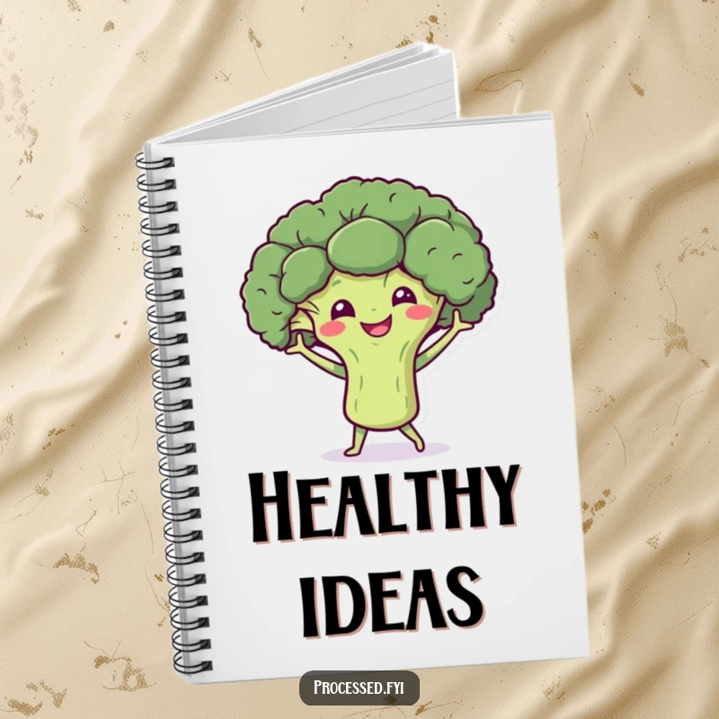 Funny notebook featuring a smiling broccoli character doing a little dance with tiny arms, perfect for jotting down recipes or daily musings.