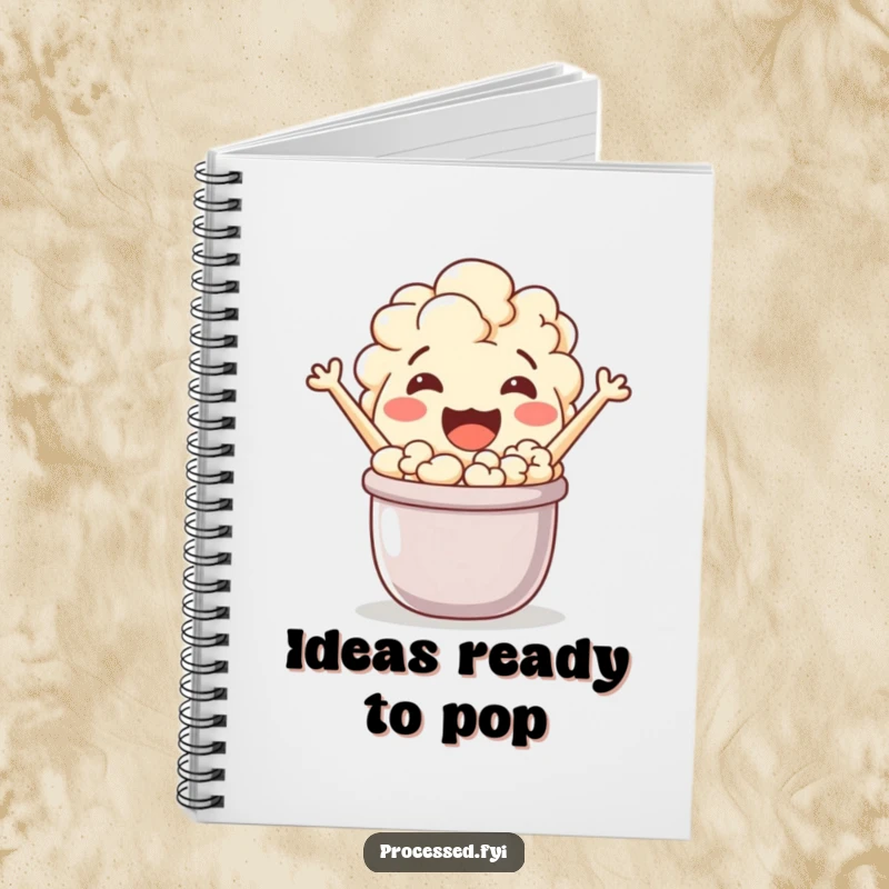 Funny popcorn character, popping with enthusiasm from a tiny pot. A notebook for your brightest ideas.