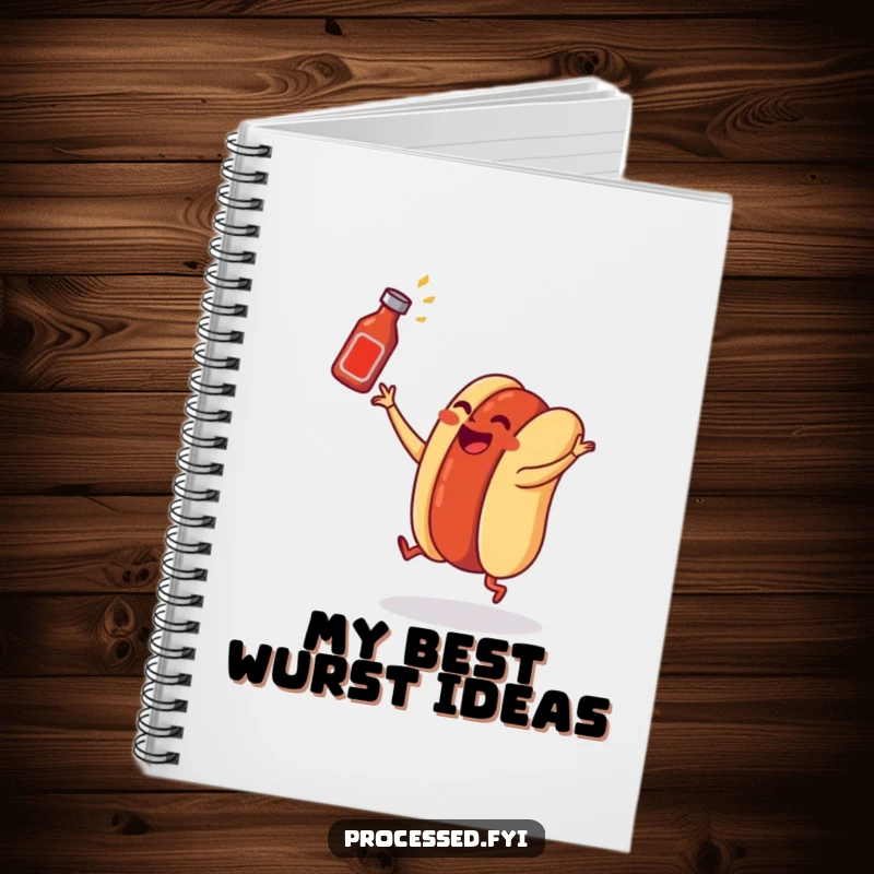 Funny hot dog notebook cover with a dancing wiener in a bun tossing a ketchup bottle, inspiring fun and creative notes.