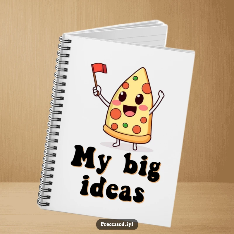 Funny notebook featuring a delighted anthropomorphic pizza slice joyfully waving a tiny flag, inspiring creativity and cheesy fun.
