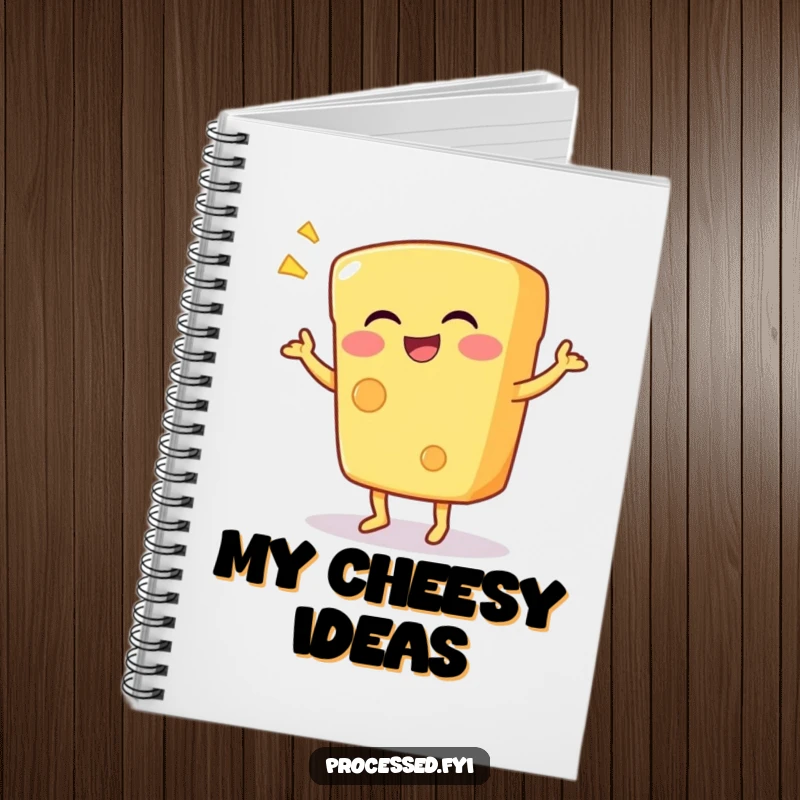 Funny notebook featuring a giggling anthropomorphic cheese wedge doing a silly dance, inspiring creativity and cheesy fun.