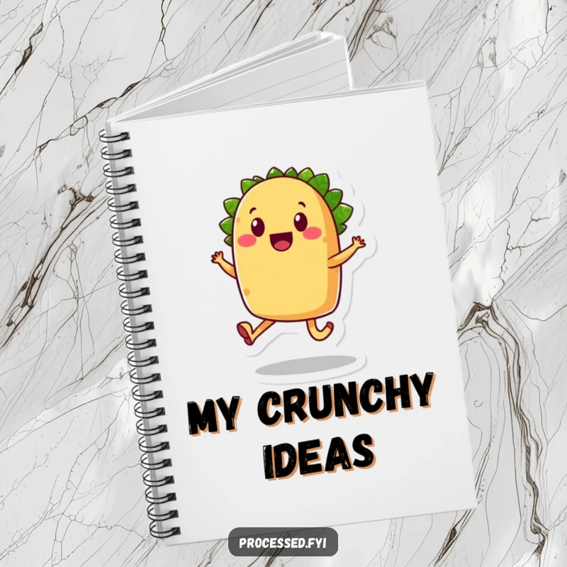 Funny taco notebook, a smiling anthropomorphic food character with legs, joyfully skipping.