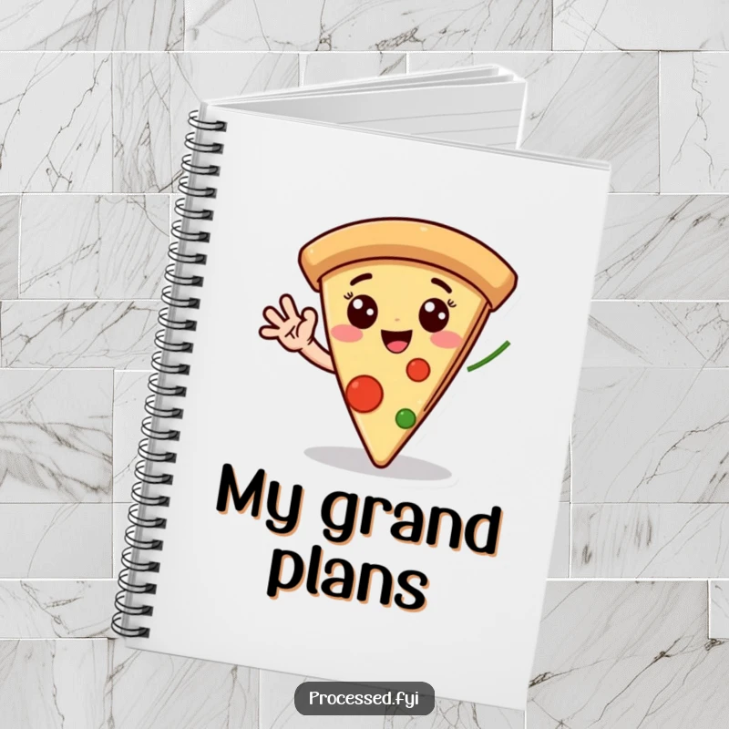 Funny notebook with a joyful pizza slice character, its expressive eyes and waving pepperoni hand adding a humorous touch to note-taking.