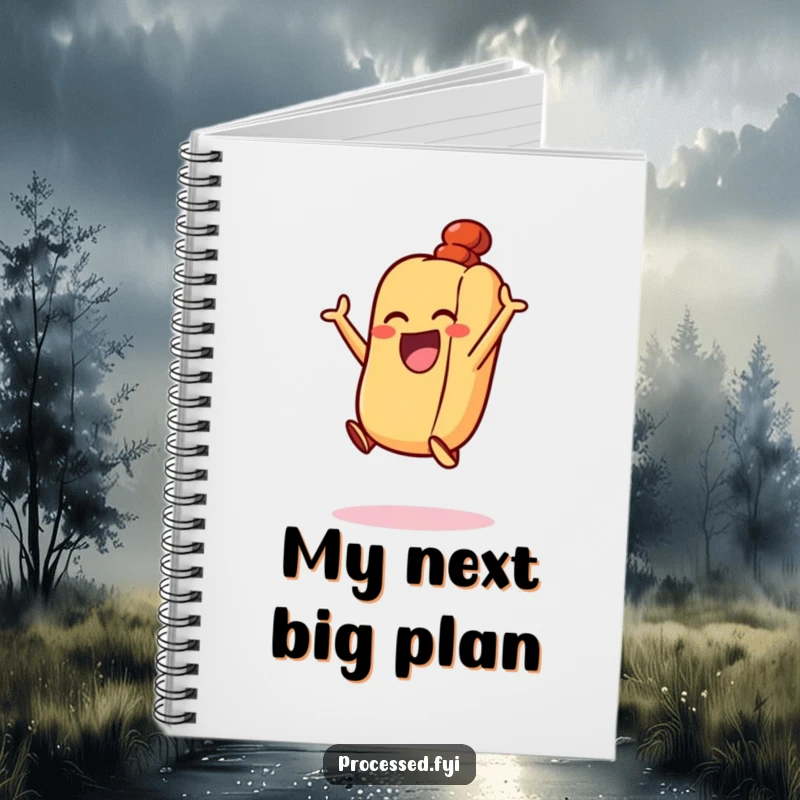 Funny Excited Hot Dog Notebook: A happy hot dog in its bun, performing an excited jump amongst notes.