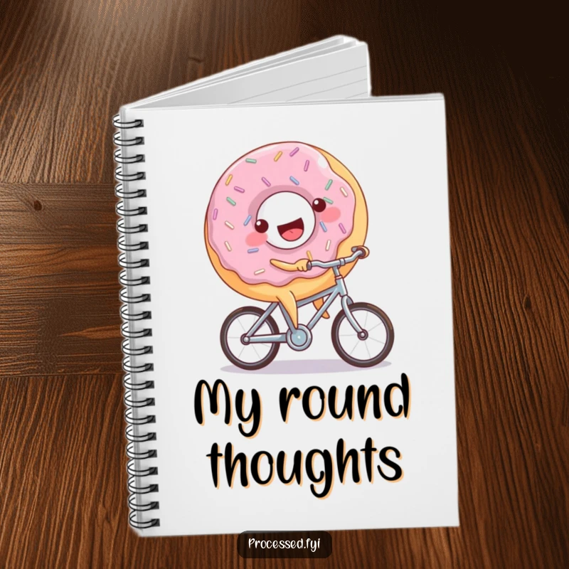 Funny donut bicycle notebook featuring a joyful donut with sprinkles riding a miniature bicycle, perfect for writing sweet ideas.