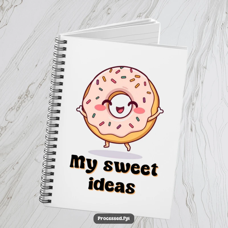 Funny notebook with a grinning donut character dancing, ideal for jotting down notes with a touch of sweet humor.