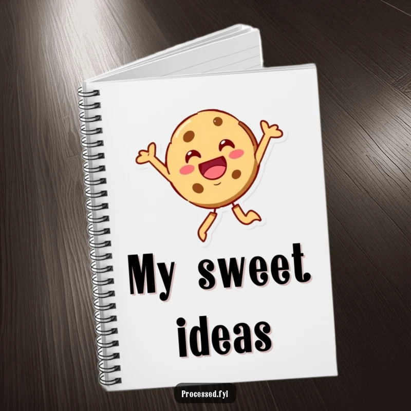 Funny cookie character, beaming and leaping joyfully. A notebook for your sweetest thoughts.