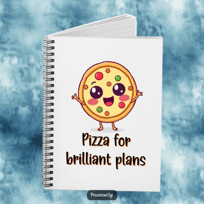 Funny Notebook featuring a happy pizza slice with topping eyes doing a jig, perfect for notes with a cheesy twist.