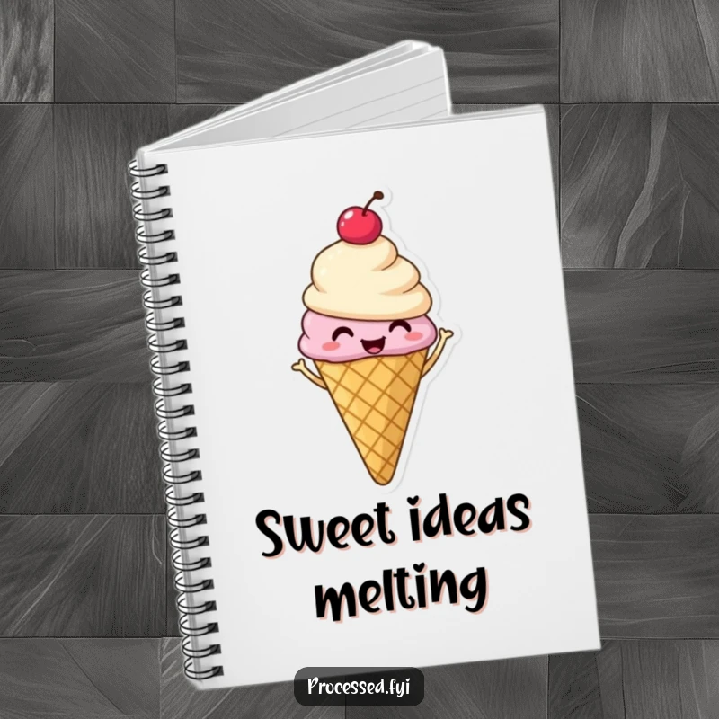 Funny notebook cover with a smiling ice cream cone and cherry, captured mid-shimmy with pure, infectious, sweet delight.