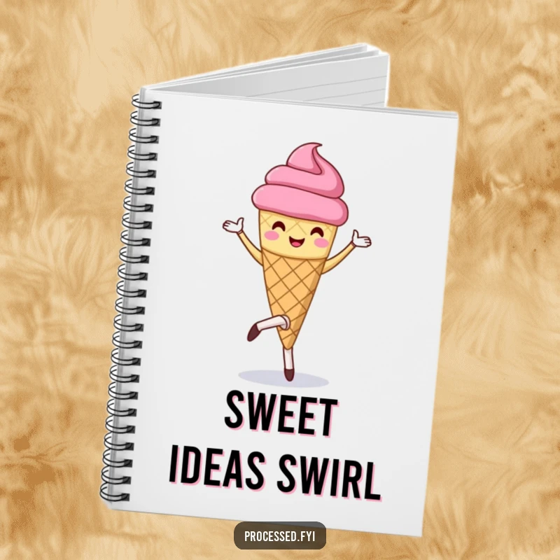 Funny notebook with a cover illustration of a cheerful anthropomorphic ice cream cone performing a pirouette. Great for ideas.