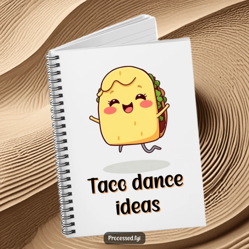 Funny notebook cover with a smiling taco with legs dancing joyfully, symbolizing tasty ideas and fun.
