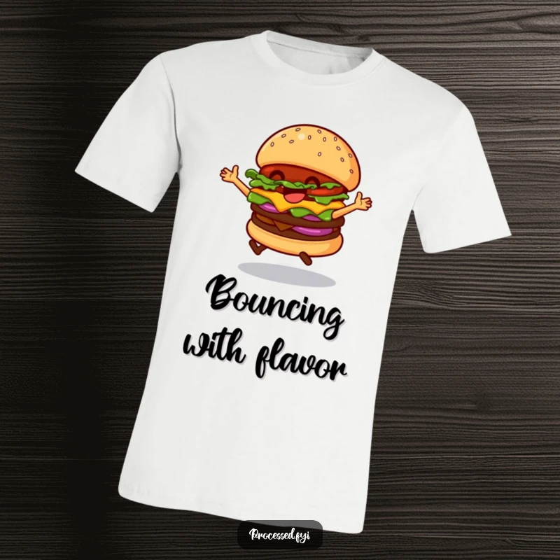 Funny Dancing Hamburger T-Shirt, showing a happy burger with legs mid-dance, perfect for food lovers with a sense of humor.
