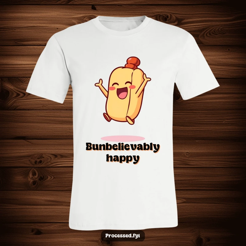 Funny Excited Hot Dog T-Shirt: A happy hot dog in its bun, caught in an excited, joyful jump mid-air.