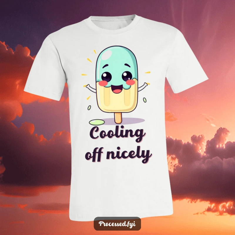 Funny t-shirt featuring a cartoon popsicle character proudly melting a little under the sun.