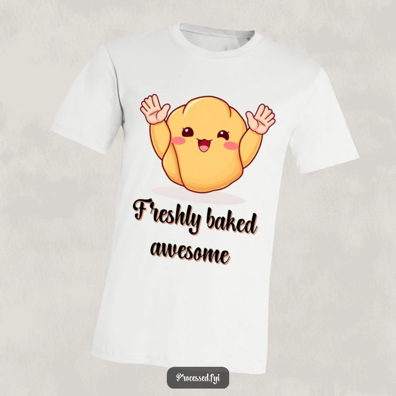 Funny t-shirt depicting a cheerful croissant with arms raised in a happy wave, embodying breakfast joy and friendliness.