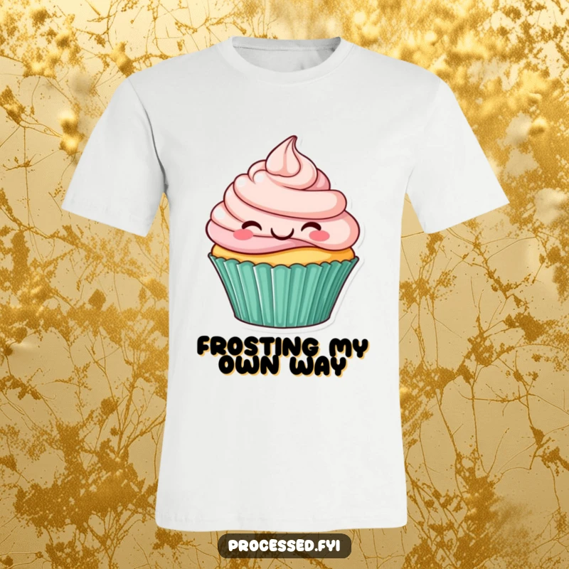Funny t-shirt depicting a smiling cupcake with frosting swirls hopping with delight, embodying playful energy and dessert joy.