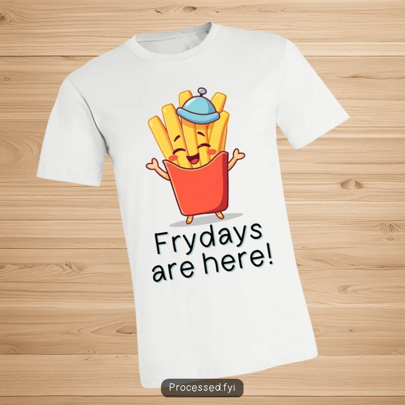 Funny winking french fry character in a tiny hat giving a jaunty salute, a stylish and funny t-shirt for foodies.