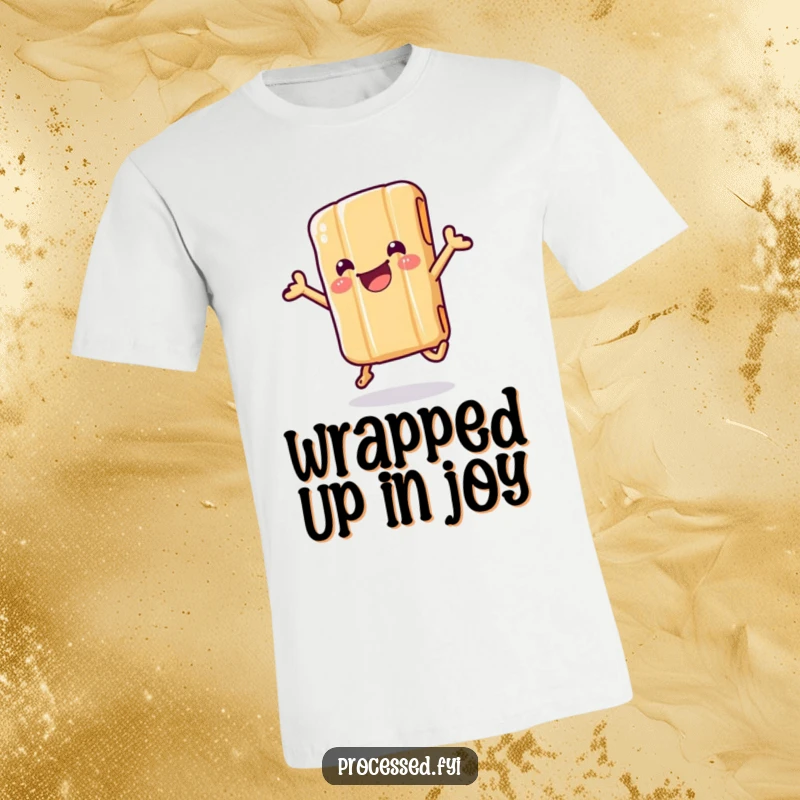 Funny t-shirt of a wiggling candy bar in its wrapper, joyfully jumping with pure, sweet, celebratory delight.