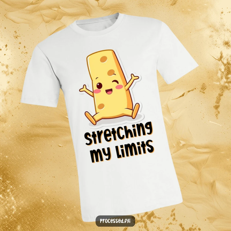 Funny cheese wedge character, doing a surprising split with a wide grin. A fun graphic shirt for flexible personalities.