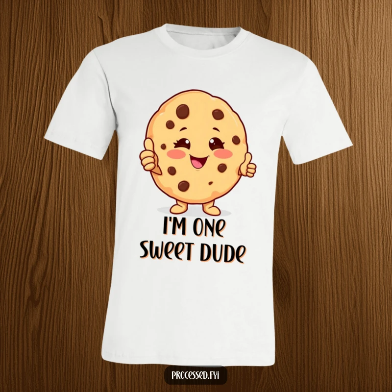 Funny cookie character t-shirt featuring a smiling anthropomorphic cookie winking and giving a thumbs-up, perfect for cheerful casual wear.