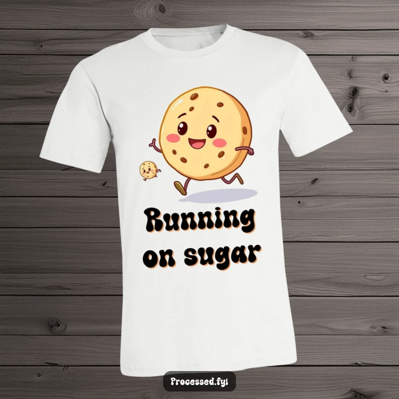 Funny Cookie Race T-Shirt: A smiling cookie with tiny legs running a race with another, capturing energetic humor.