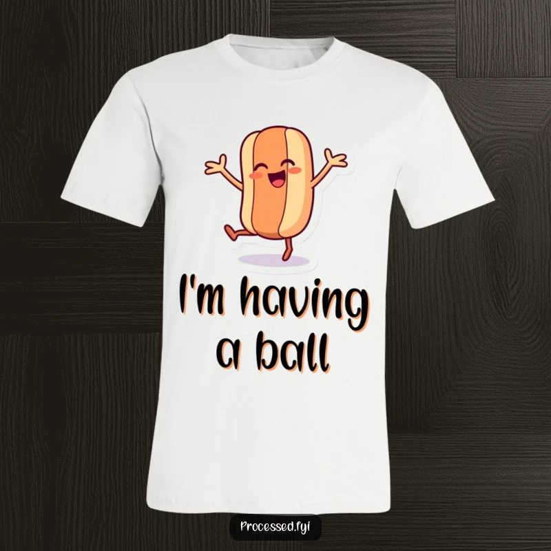 Funny t-shirt showcasing a dancing hot dog character with expressive legs and arms wiggling joyfully, full of cartoonish energy.