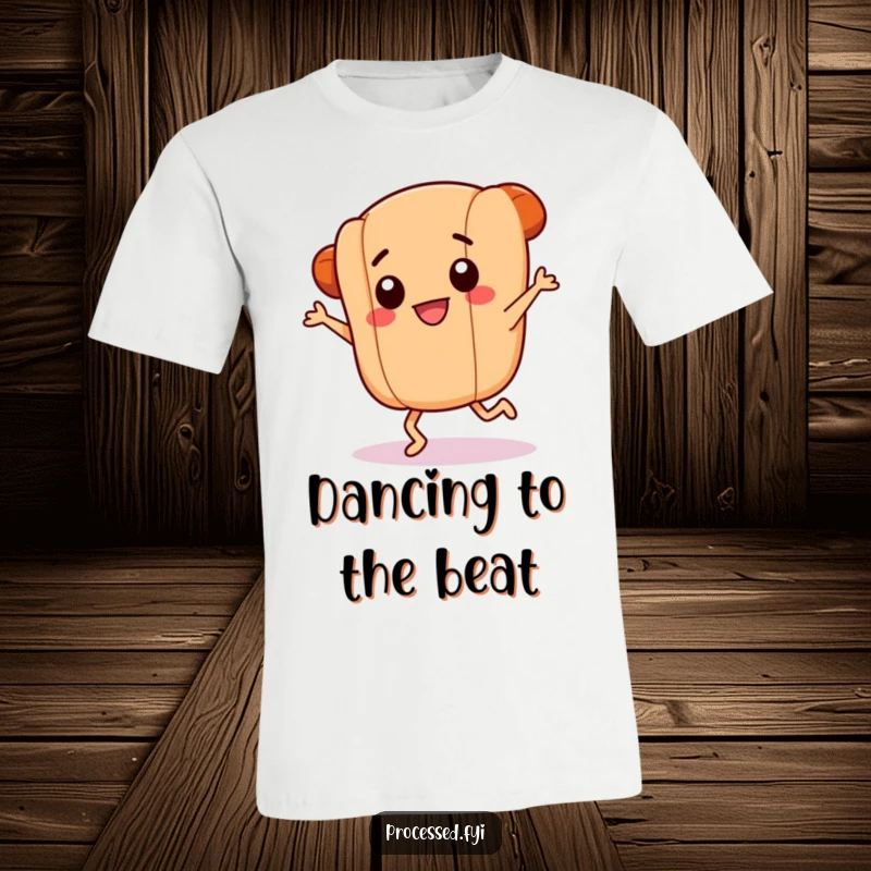 Funny t-shirt featuring a smiling hotdog link with tiny legs doing a vigorous, frantic dance, celebrating delicious food and infectious happiness.