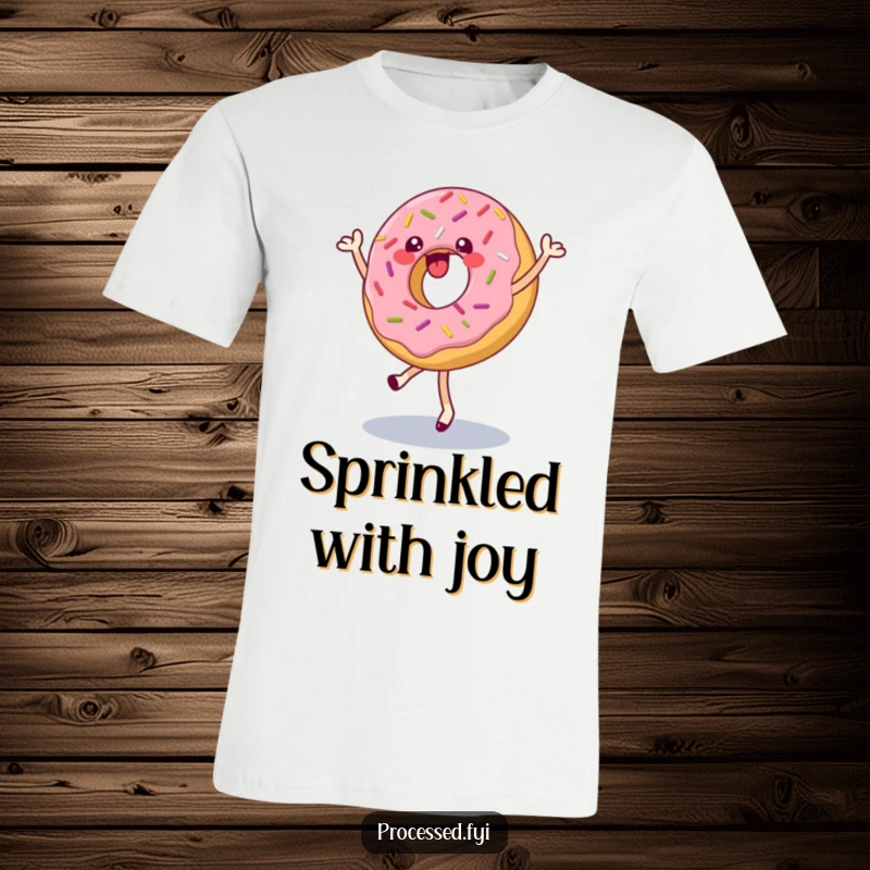 Funny t-shirt showcasing a cheerful donut with sprinkles doing a pirouette, vibrant and fun apparel