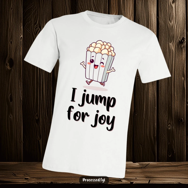 Funny t-shirt showcasing a beaming anthropomorphic bag of popcorn in a happy little hop. Comfortable and fun.